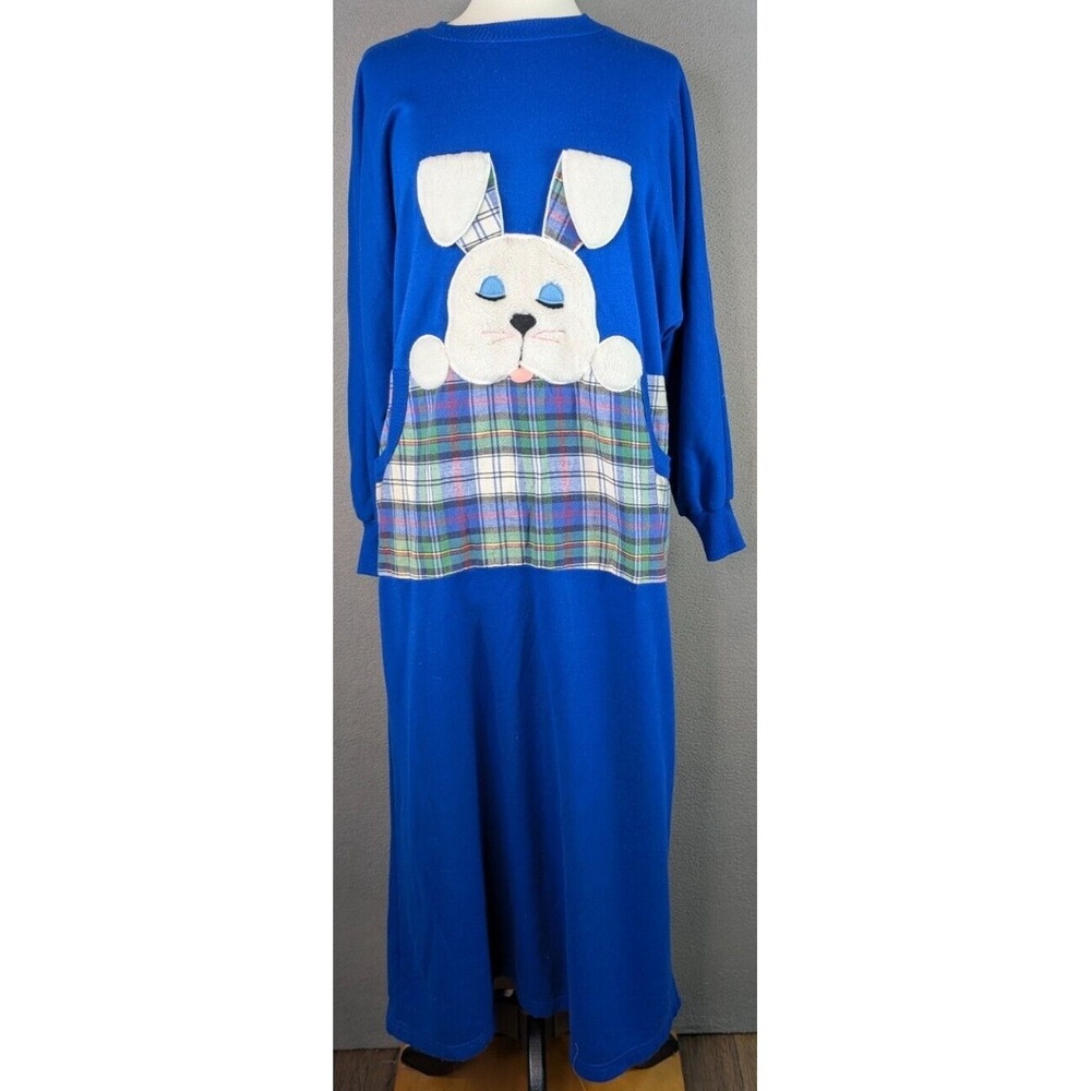 Vtg Adonna Leisure Wear House Gown Womens Blue Plaid Rabbit Bunny USA Size Small